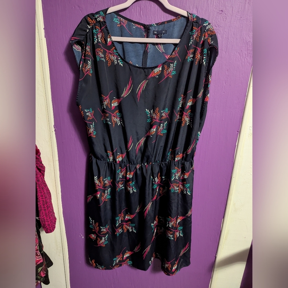 💜 Gap Navy Leafy Bird Print Elastic Waist Cinched Tank Sleeve Midi Dress XXL - Picture 1 of 3